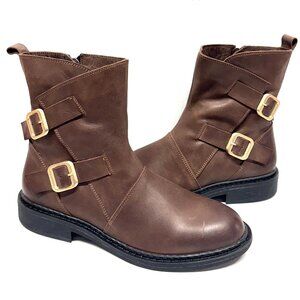 MIZ MOOZ LEATHER BOOTS SIDE ZIP / BUCKLE 37EU / 7US COFFEE Z-190